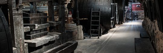Weinpresse und Fässer