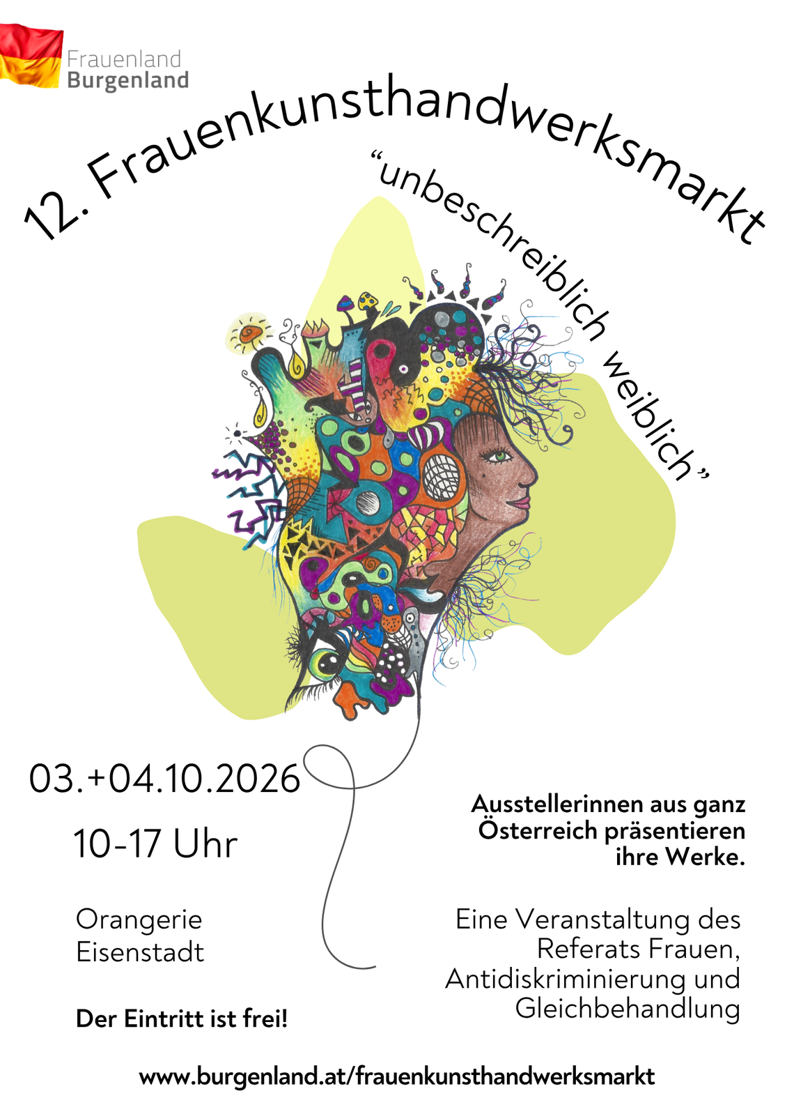 Frauenkunsthandwerksmarkt 2026 mit bunter Illustration und Frauengesicht