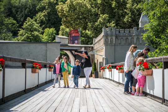 Familien auf Holzbrücke